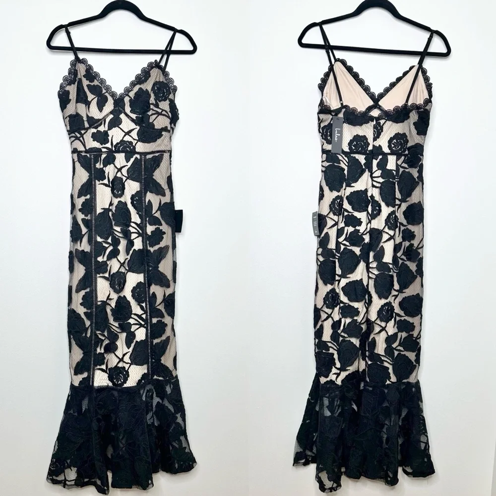 NEW Lulus Alluring Dream Black Floral Mesh Lace Trumpet Midi Dress - Picture 3 of 10